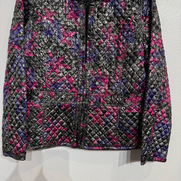 Chico's Metallic Shimmer Floral Paisley Quilted Full Zip Jacket Sz 2/L - Picture 8 of 14